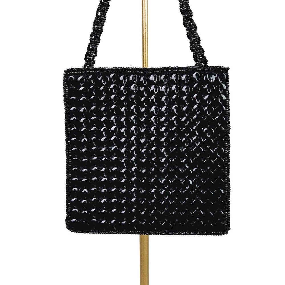 Vintage La Regale Mini Black Square Flat Button Sequin Handbag Evening Bag - Picture 3 of 8